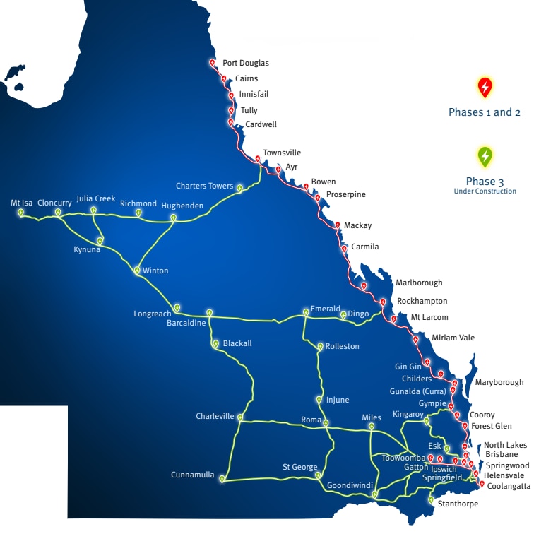 Map of Queensland's Electric Super Highway.