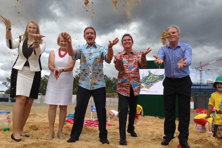 Ipswich Mayor Paul Pisasale (centre) with councillors and members of the Springfield Land Corporation today.