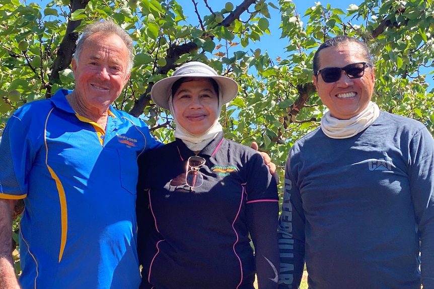 Three people stand in a summer fruit orchard looking happy