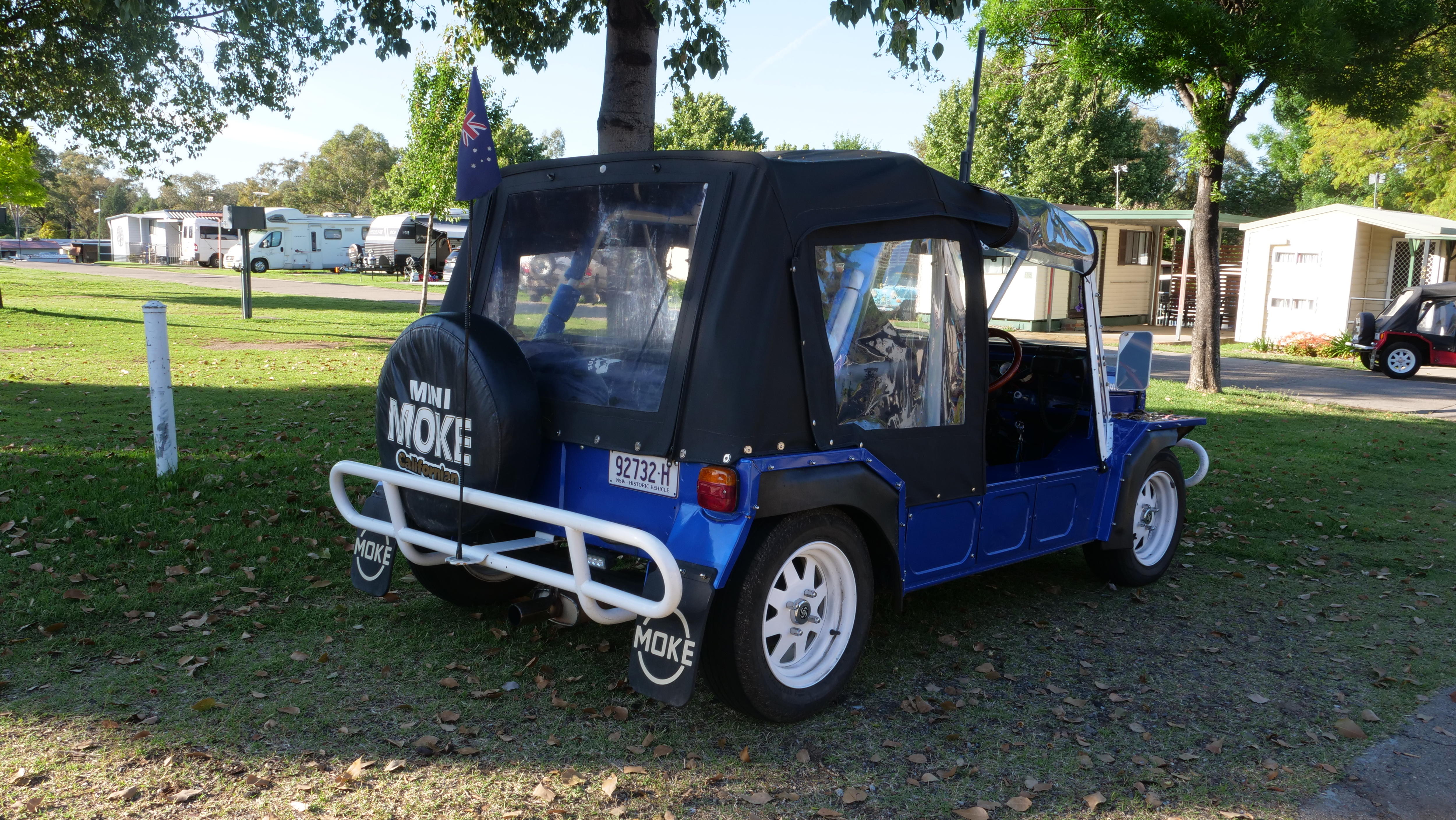 A blue Mini Moke.
