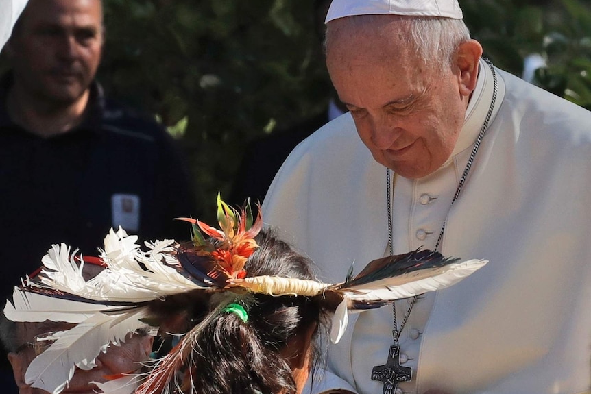 Pope Francis meets members of indigenous populations on the occasion of the feast of St Francis of Assisi, the patron saint of ecology