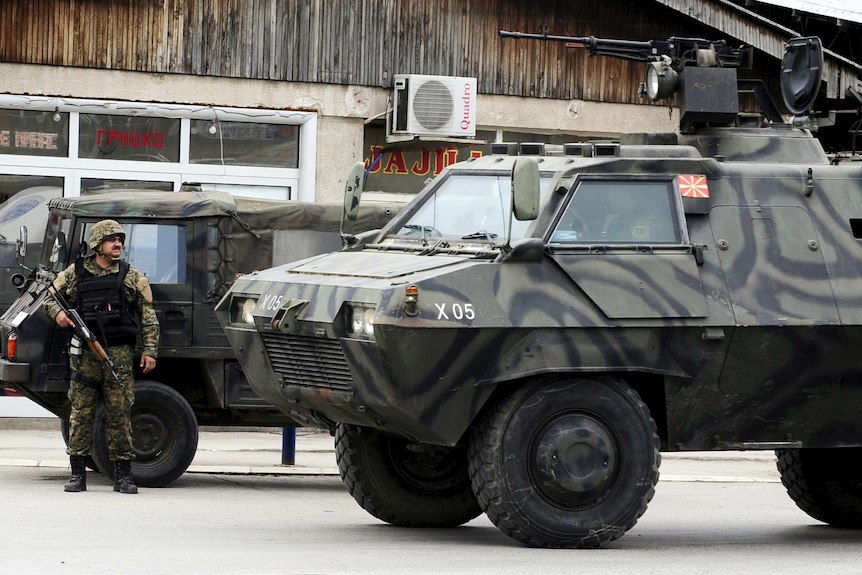 A Macedonian police armoured personnel carrier in Kumanovo