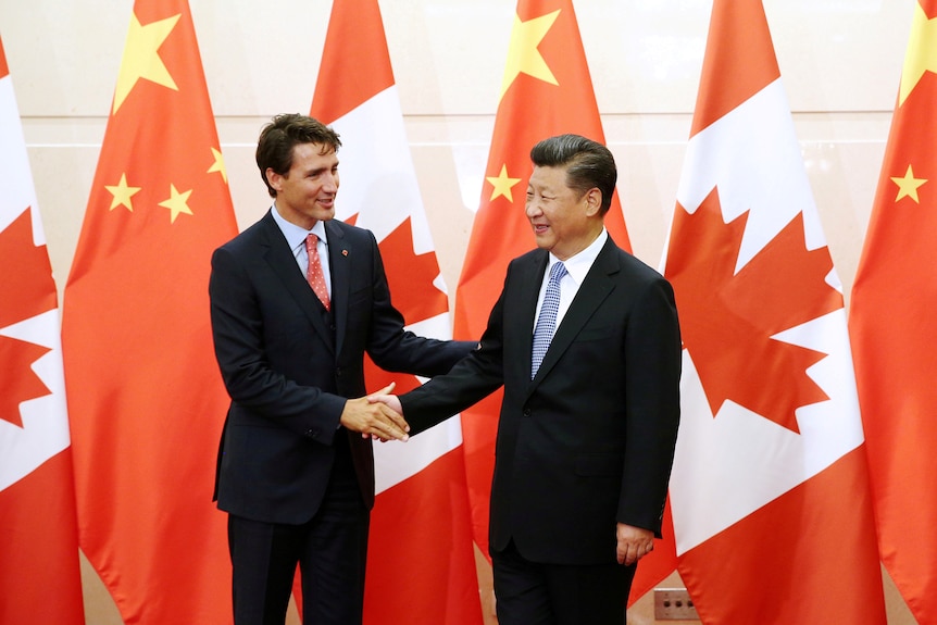 Xi Jinping shakes hands with Justin Trudeau in front of a row of Canadian and Chinese flags