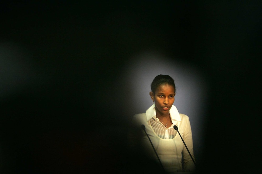 Somali-born Ayaan Hirsi Ali speaks to the media during a news conference