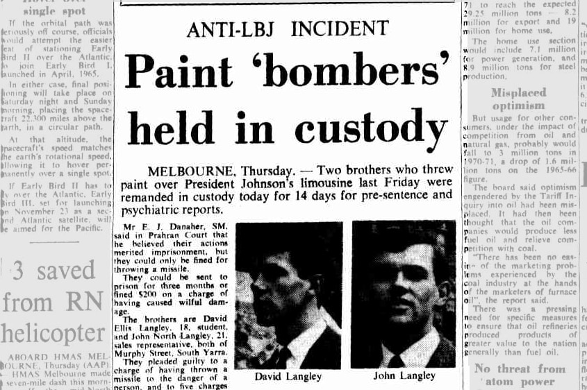 A newspaper articled is headlined "paint 'bombers' held in custody".