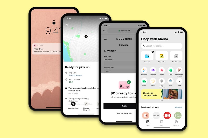 Four iPhone screens on a yellow background showing a home screen, map, and the Klarna shopping app.