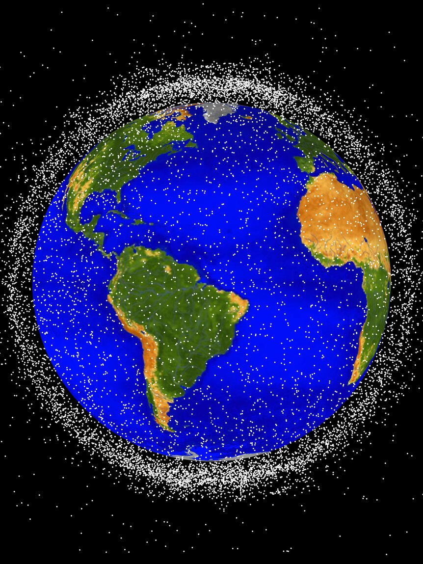 A graphic of the Earth surrounded by countless white dots.