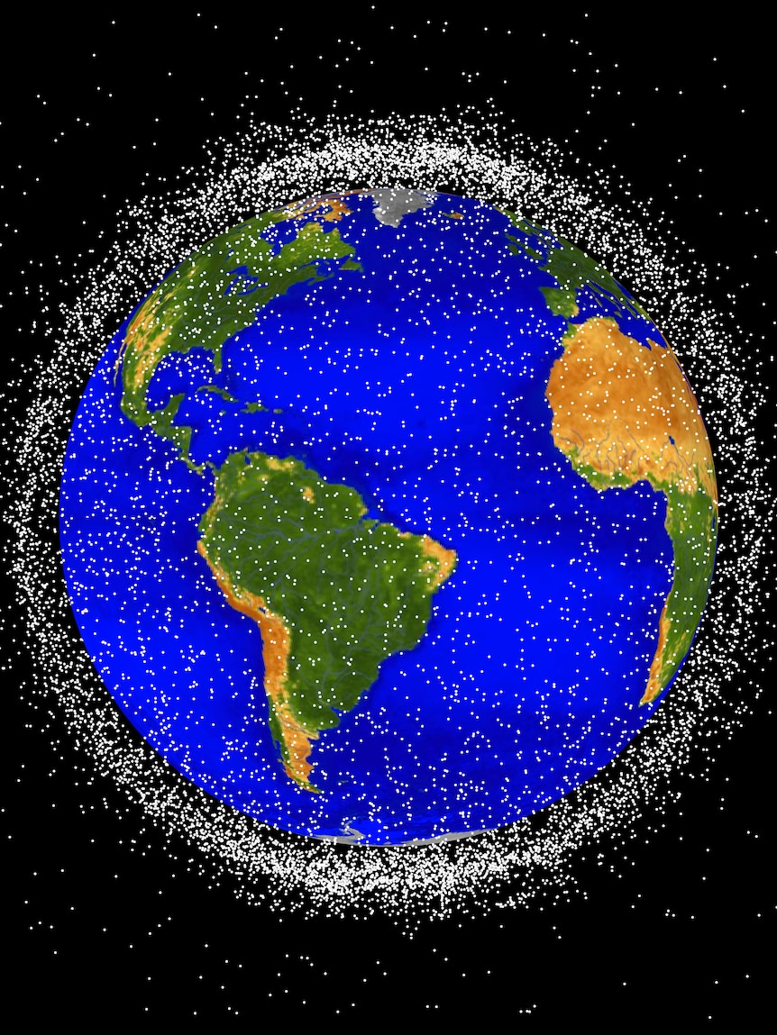 A graphic of the Earth surrounded by countless white dots.