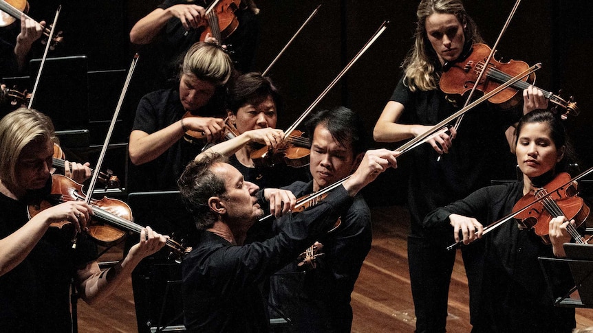 The Australian Chamber Orchestra in concert on stage. Violinists play standing and Richard Tognetti directs with his bow.