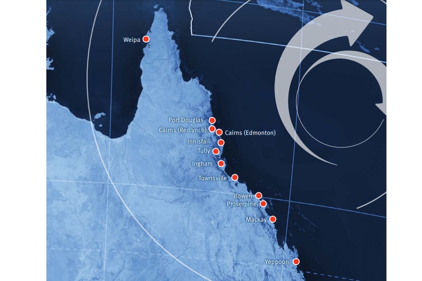 A map of Queensland with 12 red dots along the coast line, one for every cyclone shelter