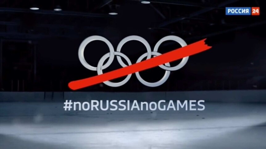 A graphic displays the Olympic rings with a dash through them and the hashtag noRUSSIAnoGAMES.