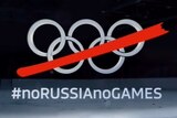 A graphic displays the Olympic rings with a dash through them and the hashtag noRUSSIAnoGAMES.