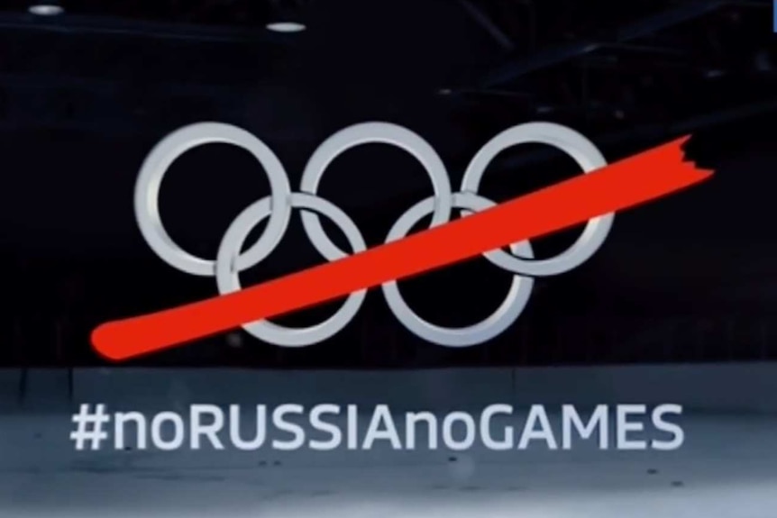 A graphic displays the Olympic rings with a dash through them and the hashtag noRUSSIAnoGAMES.