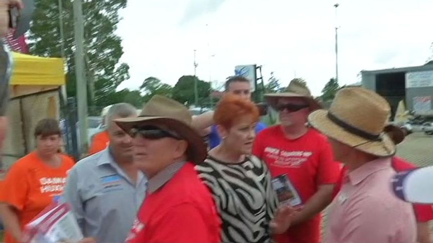 Cameras capture a run-in between Pauline Hanson and the ALP candidate Adrian Tantari.