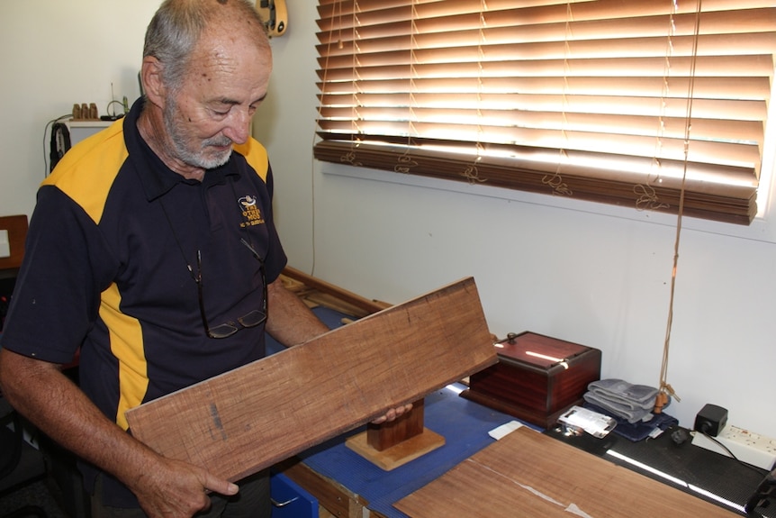 Heiner Schulz in his woodworking shed in Mount Isa