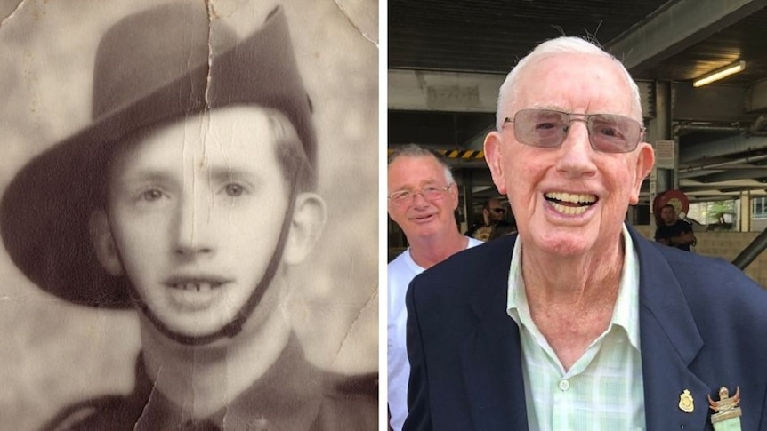 Two pictures of the same man. One as a young soldier. The other as an old man