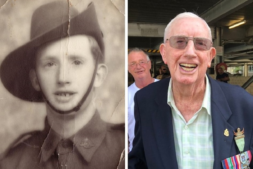 Two pictures of the same man. One as a young soldier. The other as an old man