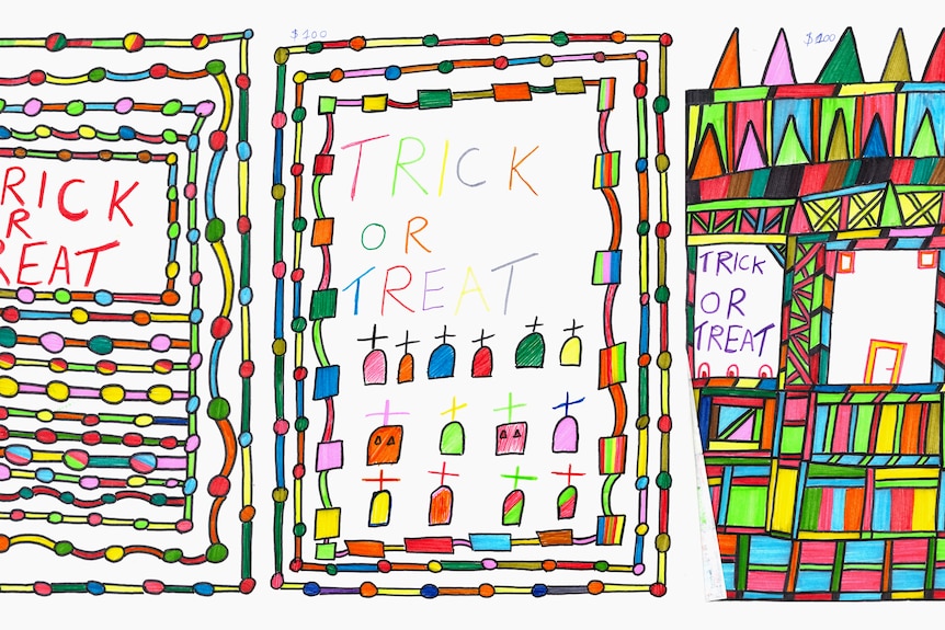 Three A4 sheets covered with multi-coloured felt-tip pen drawings of patterns, tombstones and the words 'trick or treat'