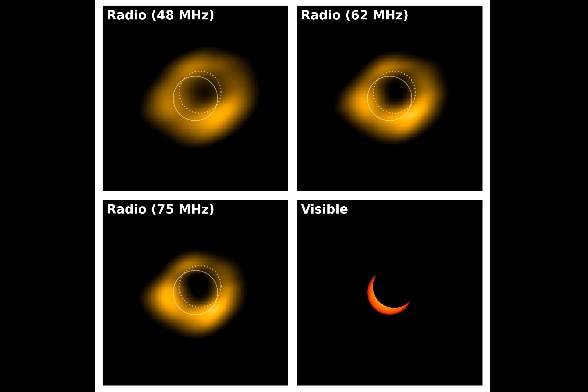 Four images showing the radio frequencies of a solar annular ecclipse