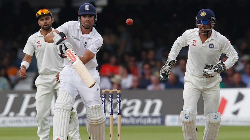 Alastair Cook bats against India