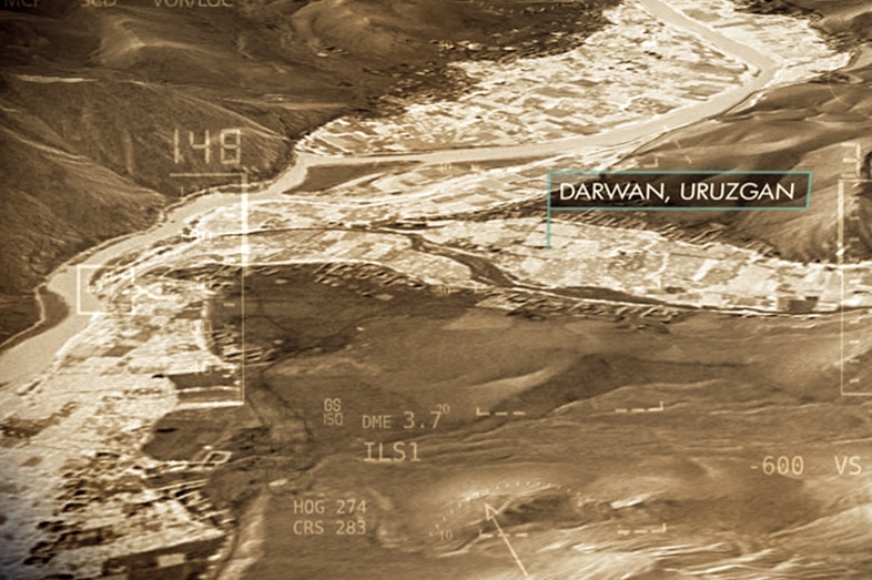 A graphic map showing an aerial view of a mountainous region with a graphic label that reads 'Darwan, Uruzgan' over a valley