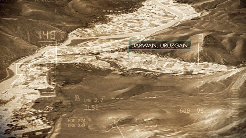 A graphic map showing an aerial view of a mountainous region with a graphic label that reads 'Darwan, Uruzgan' over a valley