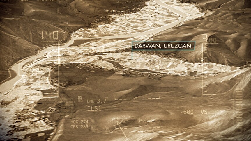 An aerial map of Darwan, showing mountains and riverbeds.