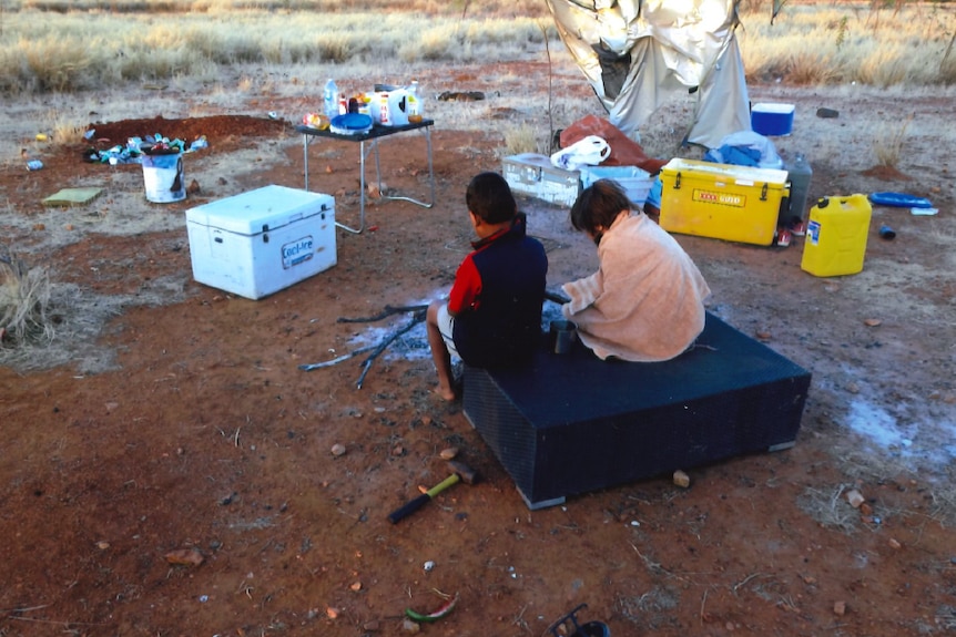 Two young children sitting on a box around a campsite fire.