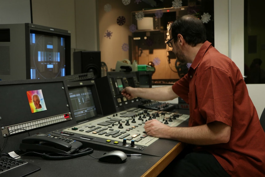Jon Steiner operating panel on telecine film machine.