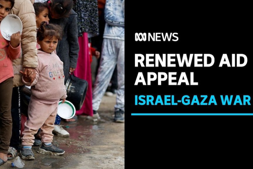 Renewed Aid Appeal, Israel-Gaza War: Children in a line stand in dirt holding empty bowls. 