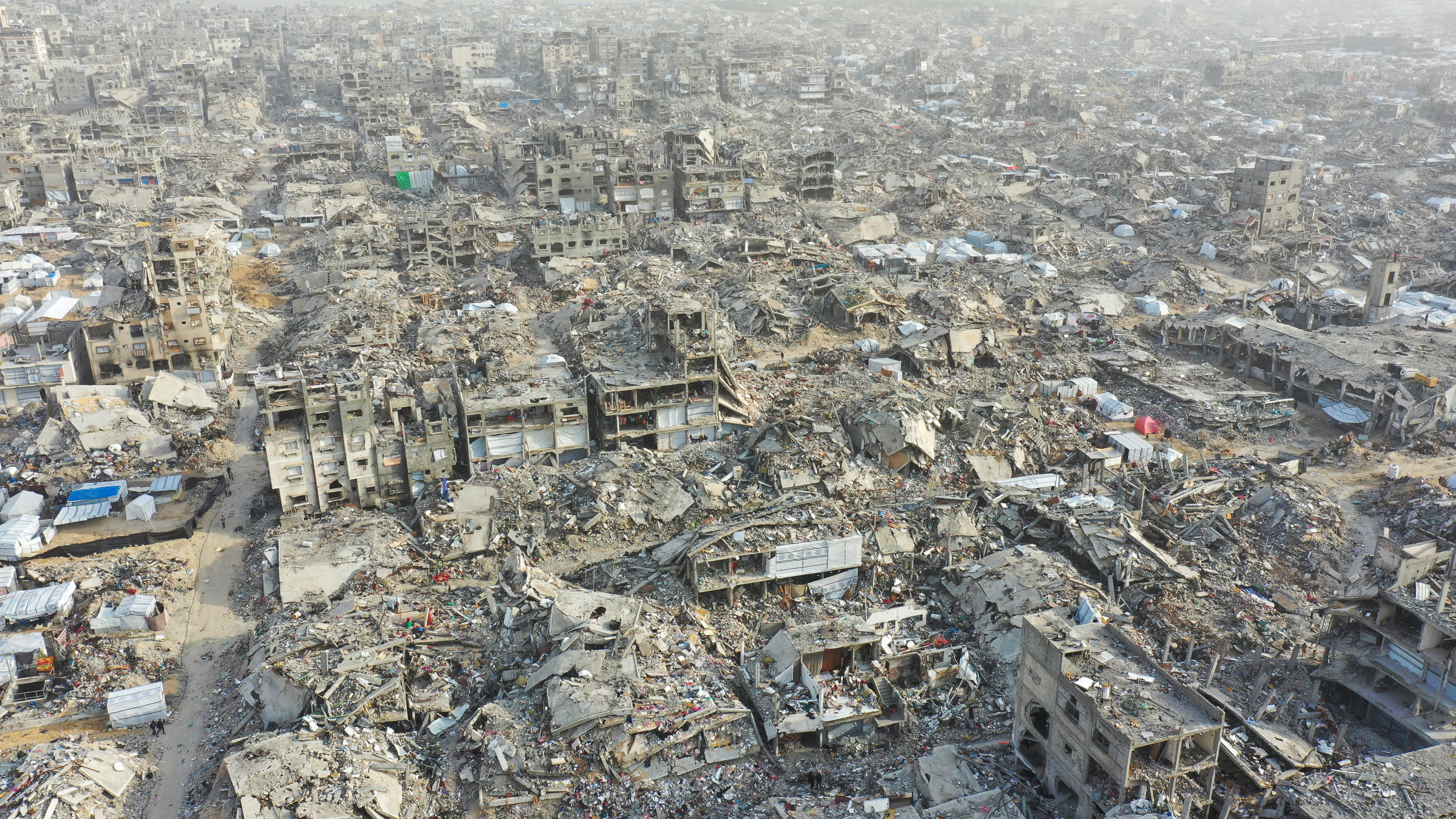 A drone view shows houses destroyed during the Israeli offensive in Beit Hanoun, northern Gaza Strip.