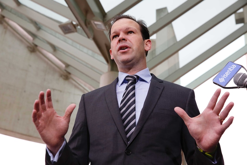 Le sénateur national Matt Canavan s'adresse aux médias, en contre-plongée le regardant avec les bras tendus