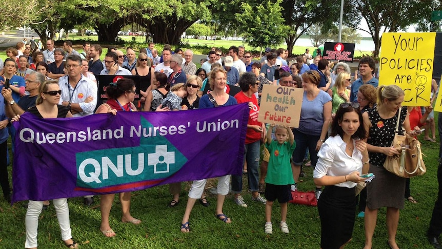 More than 300 health staff and supporters rallied outside the Cairns Hospital