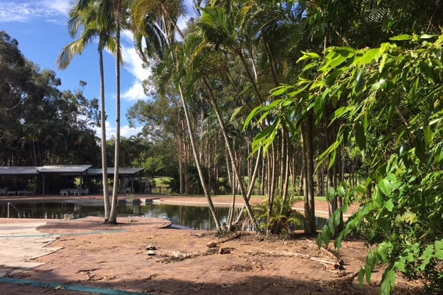 A swimming pool area in disarray at the Coolum Resort.