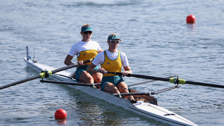Comfortable victory ... Kate Hornsey and Sarah Tait wait for the start of their heat