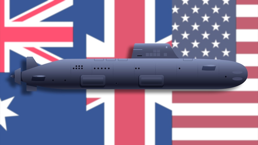 Illustration of a submarine with the flags of Australia, United Kingdom and United States in the background.