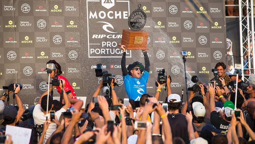 Mick Fanning celebrates Portugal victory