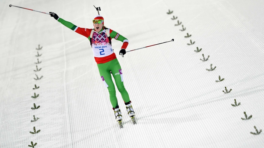 Darya Domracheva wins the 12.5km biathlon mass start in Sochi