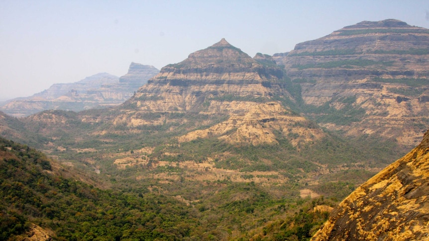 The sharp layered strata of the volcanic mountains in India's Deccan Trap province