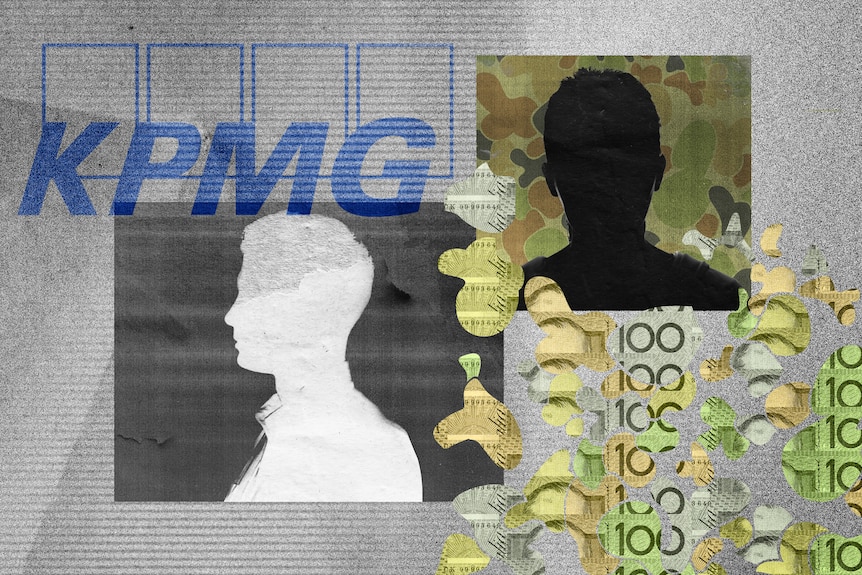 A collage of two silhouettes, the KPMG logo, and cutouts of $100 notes.
