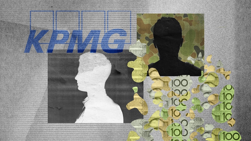 A collage of two silhouettes, the KPMG logo, and cutouts of $100 notes.