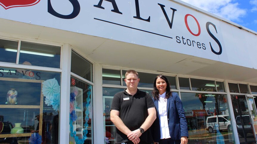 Scott Kelly and Kelly Morrison stand outside the Mandurah Salvation Army store.