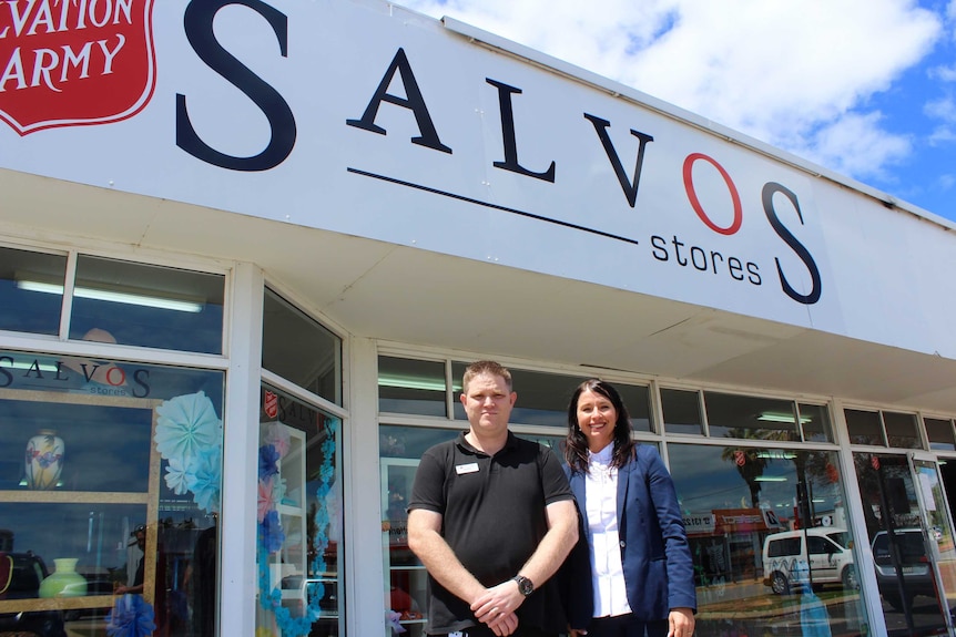 Scott Wilson and Kelly Morrison stand outside the Mandurah Salvation Army store.