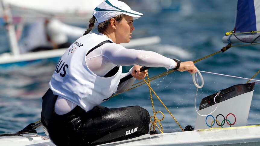 Krystal Weir sails in the first race of the Laser Radial class at the London 2012 Olympic Games.