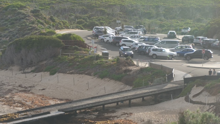 A wide shot showing a beach,  boat ramp and carpark full of cars.