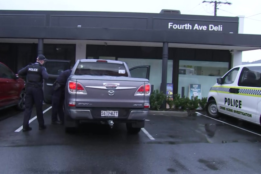 Police open the doors and look inside a  grey ute at a deli