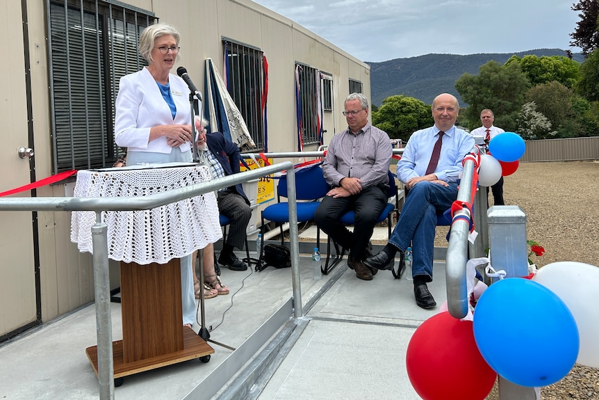 An image of MP Helen Haines speaking at the Corryong Foodshare opening, surrounded by celebratory balloons and mountain views.