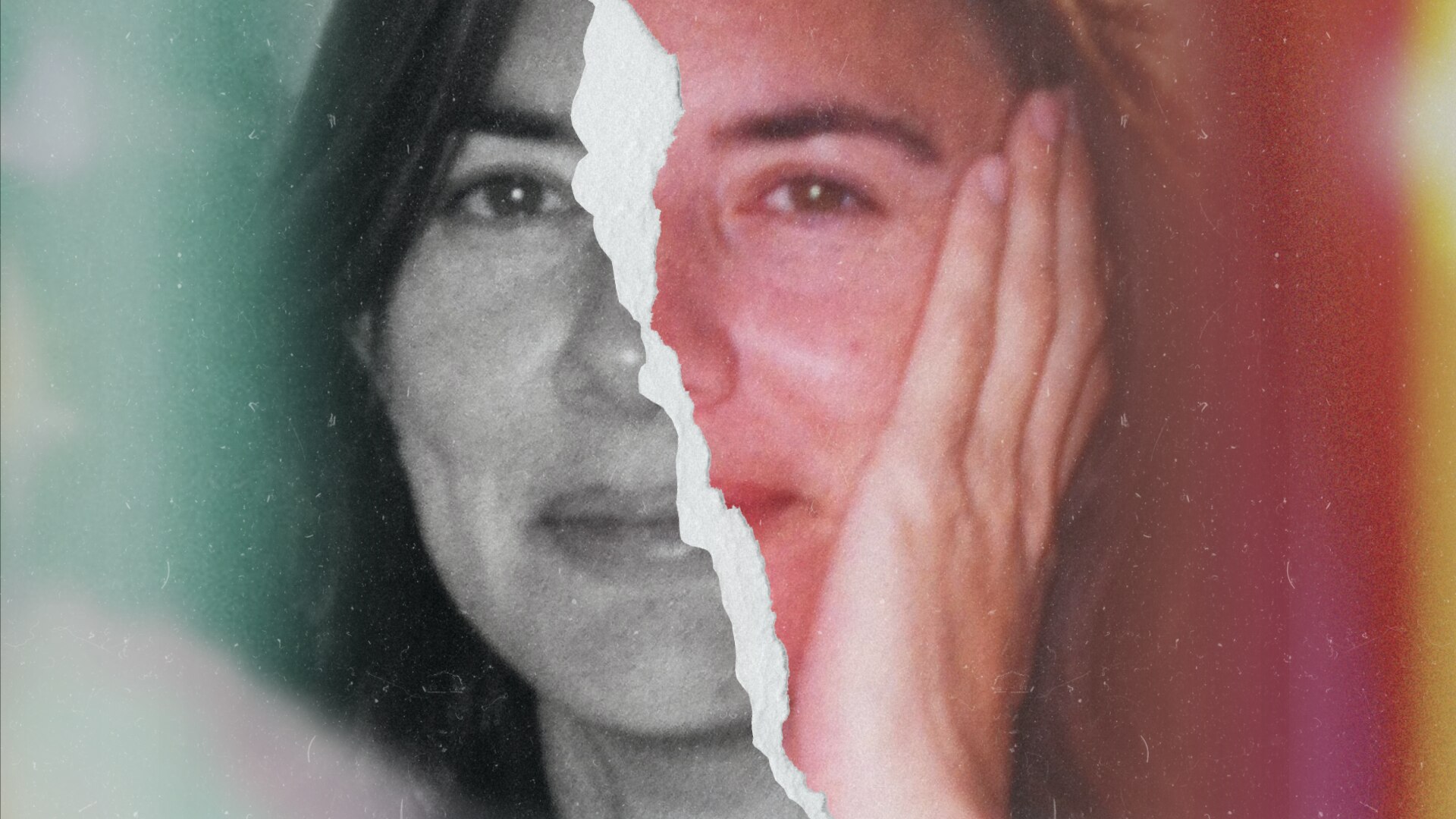 Photo of a woman's face with a rip through the middle. 