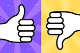 A thumbs up sign against a purple background, a thumbs down sign against a yellow background.