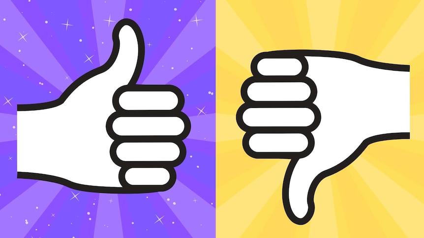 A thumbs up sign against a purple background, a thumbs down sign against a yellow background.